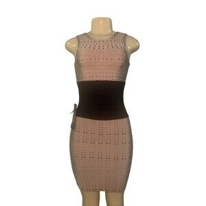 Bebe All Over Stud Bandage Dress XS Cream Nude Black Colorblock Bodycon NWT